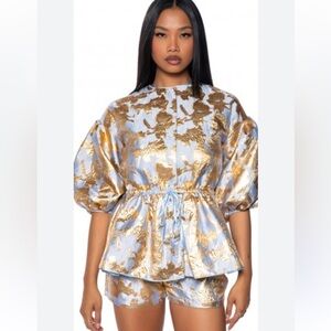 AKIRA Gold and Blue Puff Sleeve Top and Shorts set
